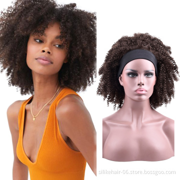 14inches African Women Black Brown Fluffy Short Wrap Hair Headband Pre-attached Scarf Afro Kinky Curly Synthetic Cosplay Wigs